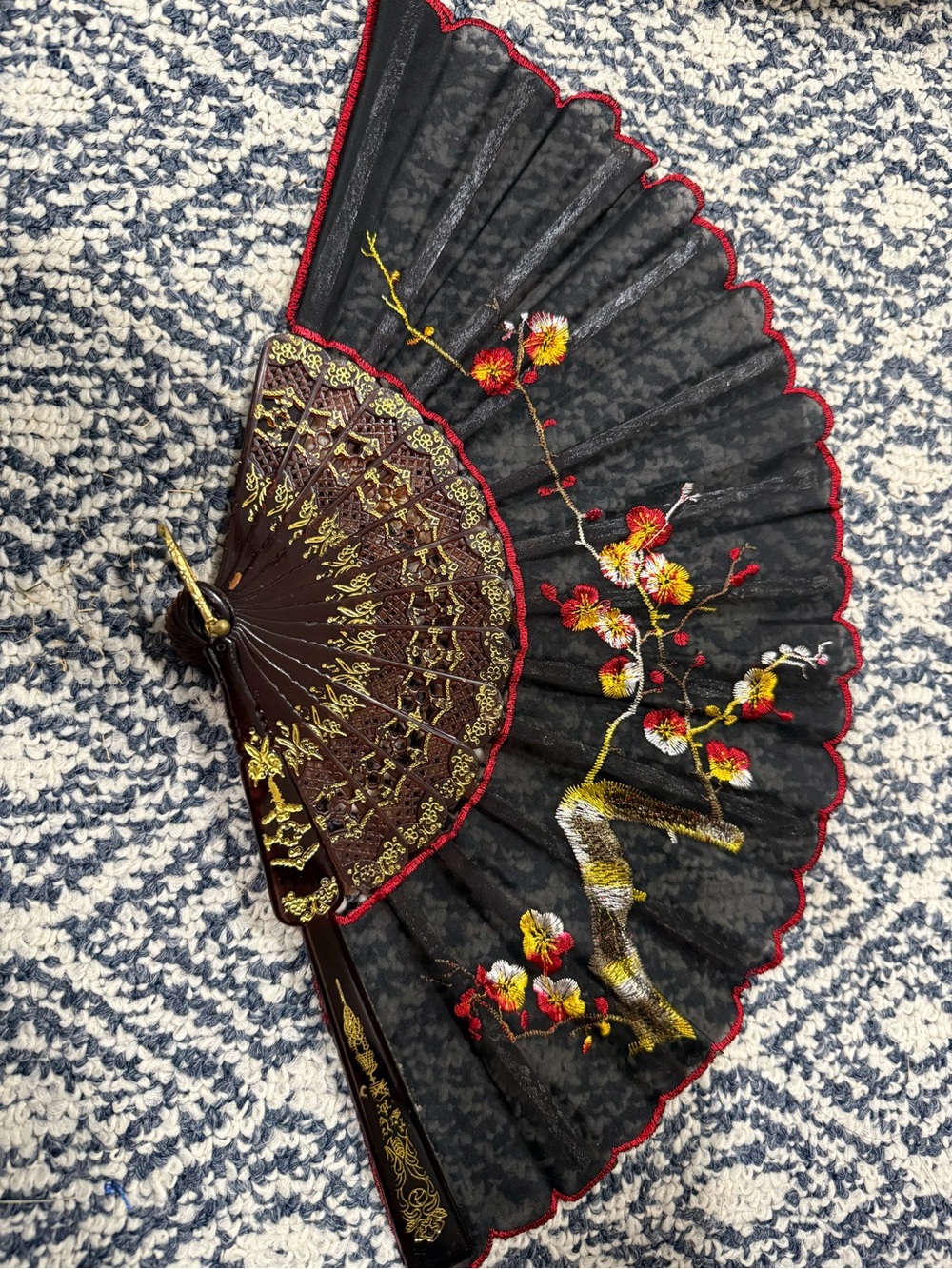Black Embroidered Floral Hand Fan from Spain